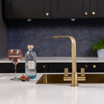 Flode Paddla Dual Lever Kitchen Tap Swan Neck Design Brushed Brass