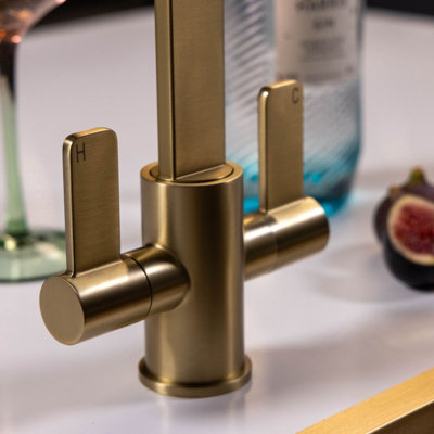Flode Paddla Dual Lever Kitchen Tap Swan Neck Design Brushed Brass