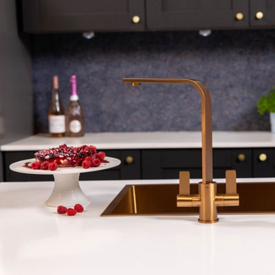 Flode Paddla Dual Lever Kitchen Tap Swan Neck Design Brushed Copper