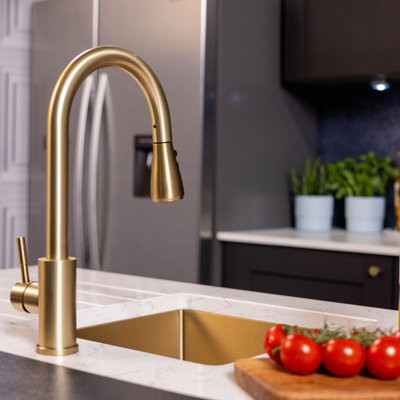 Flode Runda Kitchen Sink Mixer with Pull out Spray Brushed Brass Oval Head