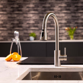 Flode Runda Kitchen Sink Mixer with Pull out Spray Brushed Steel Oval Head