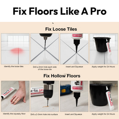 Floor-Fix Pro Squeezable (4-Pack) Bonding Adhesive for Loose and Hollow Tiles + Wood Floors. NO CARTRIDGE GUN OR SYRINGES REQUIRED