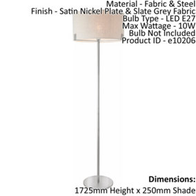 Floor Lamp Light Satin Nickel & Slate Grey Fabric 10W LED E27 Base & shade