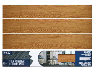 Floor Planks Tiles Self Adhesive Brown Wood Oak Vinyl Flooring Bathroom Kitchen - Pack of 7 6X36"- 1m²
