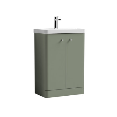 Floor Standing 2 Door Bathroom Vanity Unit with Ceramic Basin - 600mm - Satin Green