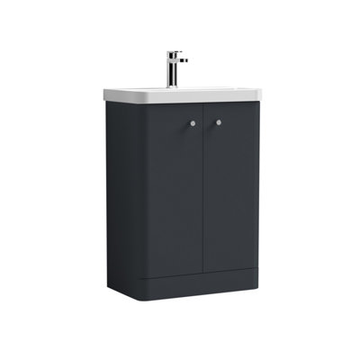 Floor Standing 2 Door Bathroom Vanity Unit with Ceramic Basin - 600mm - Soft Black