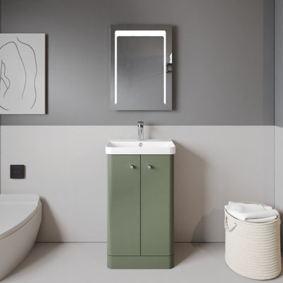 Floor Standing 2 Door Vanity Unit with Ceramic Basin - 500mm - Satin Green