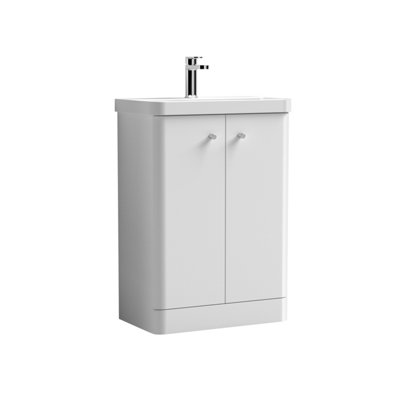 Floor Standing 2 Door Vanity Unit with Ceramic Basin - 600mm - Gloss White -Balterley