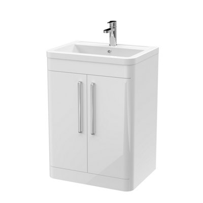 Floor Standing 2 Door Vanity Unit with Ceramic Basin - 600mm - Gloss White