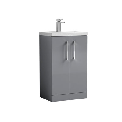 Floor Standing 2 Door Vanity Unit with Ceramic Basin, Satin Grey, 500mm