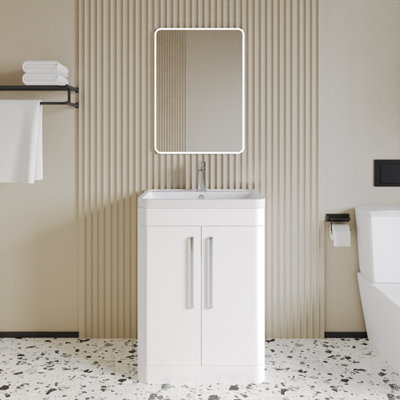 Floor Standing 2 Door Vanity Unit with Polymarble Basin - 600mm - Gloss White