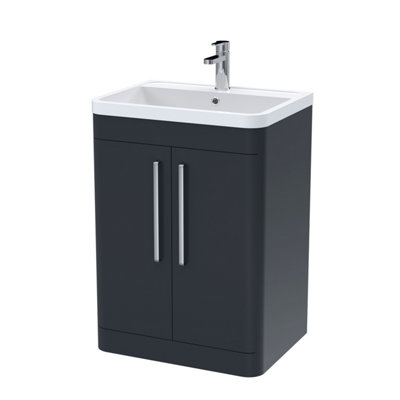 Floor Standing 2 Door Vanity Unit with Polymarble Basin - 600mm - Soft Black