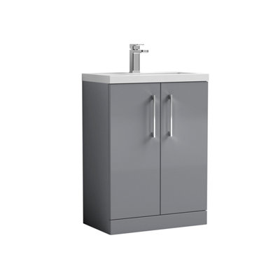 Floor Standing 2 Door Vanity Unit with Polymarble Basin, Satin Grey, 600mm