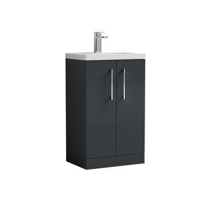 Floor Standing 2 Door Vanity Unit with Polymarble Basin, Soft Black, 500mm
