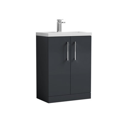 Floor Standing 2 Door Vanity Unit with Polymarble Basin, Soft Black, 600mm