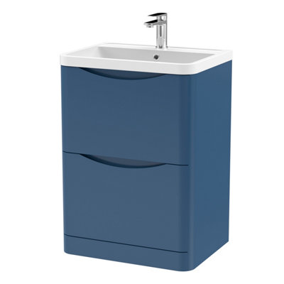 Floor Standing 2 Drawer Vanity Basin Unit with Polymarble Basin, 600mm - Satin Blue