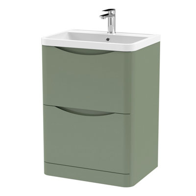 Floor Standing 2 Drawer Vanity Basin Unit with Polymarble Basin, 600mm - Satin Green