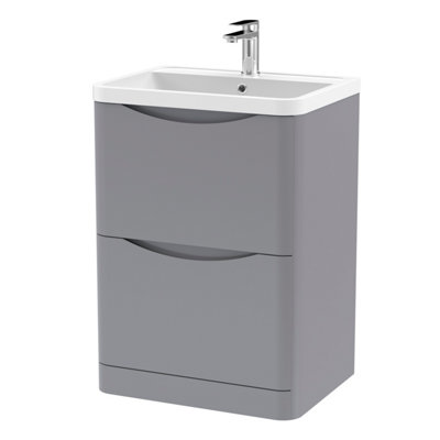 Floor Standing 2 Drawer Vanity Basin Unit with Polymarble Basin, 600mm - Satin Grey