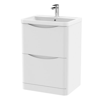 Floor Standing 2 Drawer Vanity Basin Unit with Polymarble Basin, 600mm - Satin White