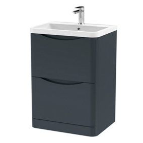 Floor Standing 2 Drawer Vanity Basin Unit with Polymarble Basin, 600mm - Soft Black