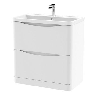 Floor Standing 2 Drawer Vanity Basin Unit with Polymarble Basin, 800mm - Satin White