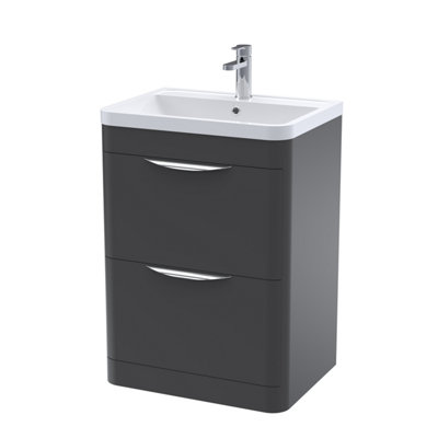 Floor Standing 2 Drawer Vanity Unit with Ceramic Basin - 600mm - Soft Black