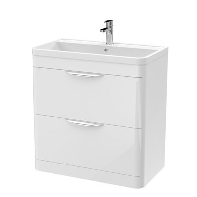 Floor Standing 2 Drawer Vanity Unit with Ceramic Basin - 800mm - Gloss White