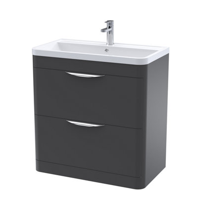 Floor Standing 2 Drawer Vanity Unit with Ceramic Basin - 800mm - Soft Black