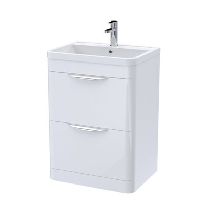 Floor Standing 2 Drawer Vanity Unit with Polymarble Basin - 600mm - Gloss White