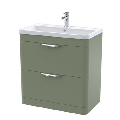 Floor Standing 2 Drawer Vanity Unit with Polymarble Basin - 800mm - Satin Green