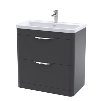 Floor Standing 2 Drawer Vanity Unit with Polymarble Basin - 800mm - Soft Black