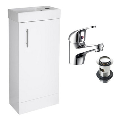 Floor Standing Vanity Unit & Basin Sink Bathroom Cloakrooom Compact 400mm White Inc. Tap & Waste