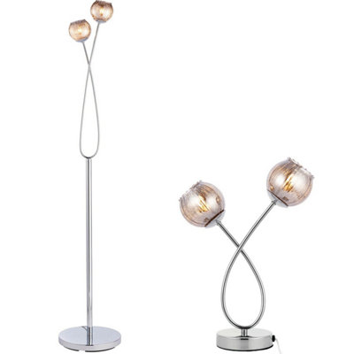 Floor & Table Lamp Set Chrome & Smoked Mirror Glass Living Room Light ...
