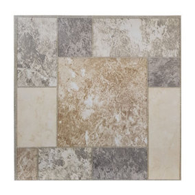 Floor Tiles Self Adhesive Vinyl Flooring Kitchen Bathroom Brown Beige Grey Mosaic Stone Brick Pack of 4 (0.37sqm)