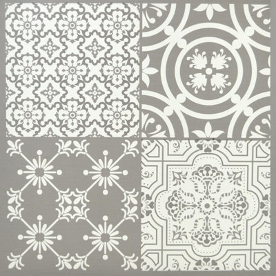 Floor Tiles Self Adhesive Vinyl Flooring Kitchen Bathroom Patterned Moroccan Light Grey White - Pack of 4 Tiles (0.37sqm)