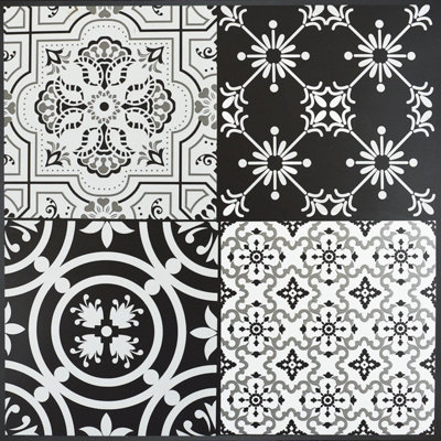 Floor Tiles Self Adhesive Vinyl Flooring Kitchen Bathroom Patterned Moroccan Mosaic Black Grey White - Pack of 4 (0.37sqm)