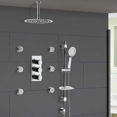 Flora 3 Dial 3 Way Round Set - Slim Shower Head, Handset & Body Jets ...