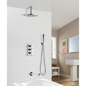 Flora 3 Way Round Concealed Thermostatic Mixer Valve Bath Filler Hand Shower