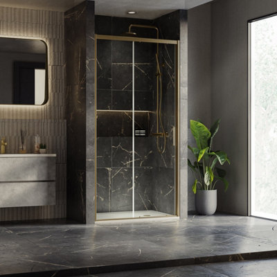 Flora Brushed Gold Sliding Shower Door - (W)1000mm | DIY at B&Q