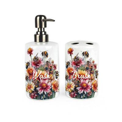 Floral Bees Bathroom Set - Refillable Ceramic Soap Dispenser & Toothbrush Holder