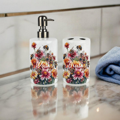 Floral Bees Bathroom Set - Refillable Ceramic Soap Dispenser & Toothbrush Holder
