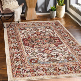 Floral Cream Easy To Clean Traditional Persian Bordered Rug For Dining Room Bedroom & Living Room-120cm X 170cm
