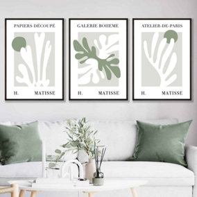Floral Cut Out Style Set of 3 Wall Art Prints in Green & Beige / 42x59cm (A2) / Black Frame