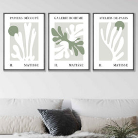Floral Cut Out Style Set of 3 Wall Art Prints in Green & Beige / 42x59cm (A2) / Dark Grey Frame