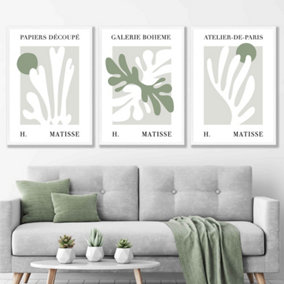 Floral Cut Out Style Set of 3 Wall Art Prints in Green & Beige / 42x59cm (A2) / White Frame