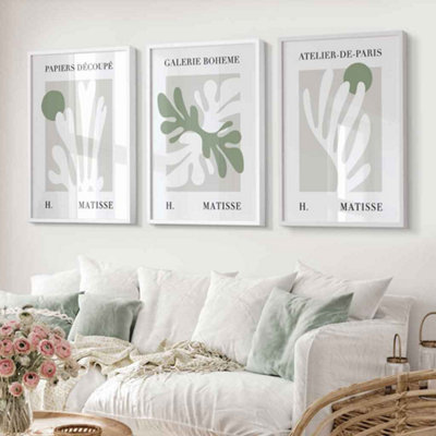 Floral Cut Out Style Set of 3 Wall Art Prints in Green & Beige / 42x59cm (A2) / White Frame