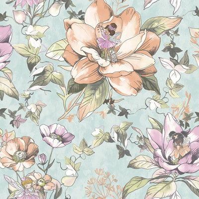 Floral Fairies Teal Children's Wallpaper