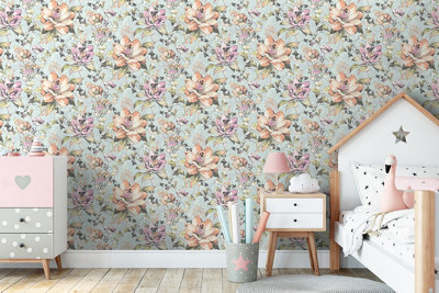Floral Fairies Teal Children's Wallpaper