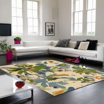 Floral Green Multi Wool Luxurious Modern Easy to Clean Handmade Rug For ...