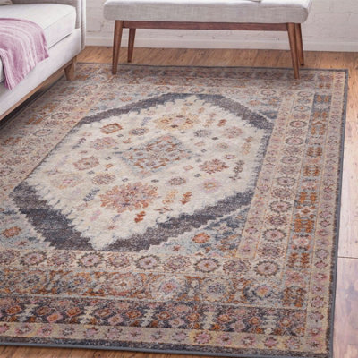 Floral Grey Traditional Abstract Persian Bordered Easy To Clean Rug For Dining Room-120cm X 170cm